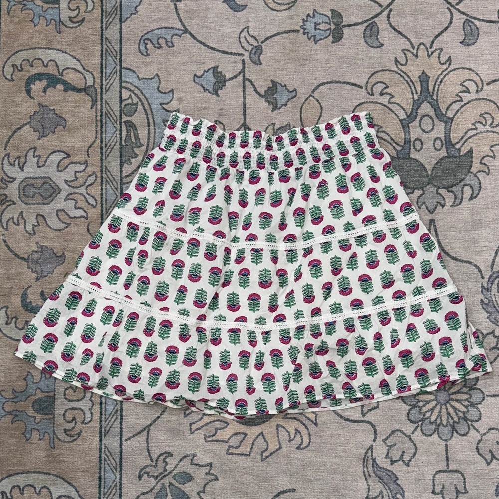 J. Crew White Tiered Mini Skirt with Pink and Green Floral Motif